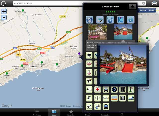 Ficha del camping situado en el mapa, en iPad